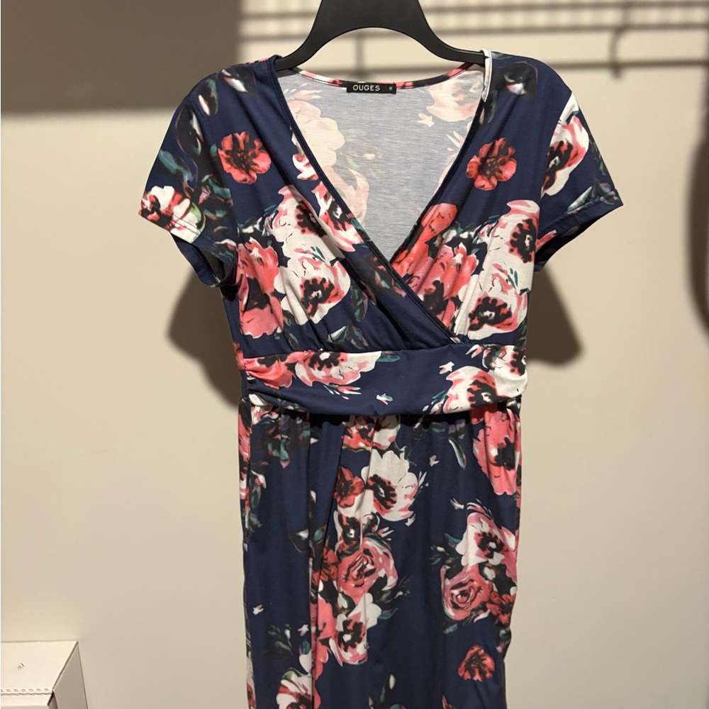 Navy and Pink Floral Midi Dress